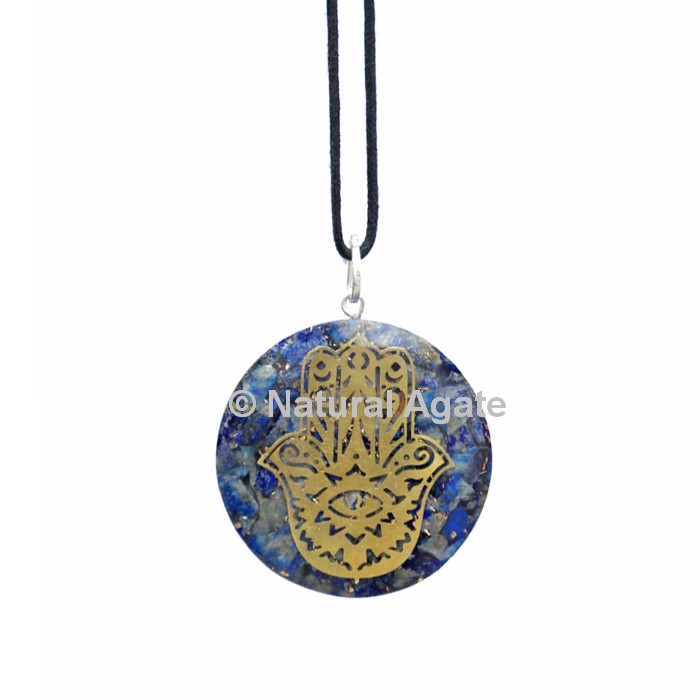 Lapis Lazuli Orgone Disc Pendant With Hamsa Symbol