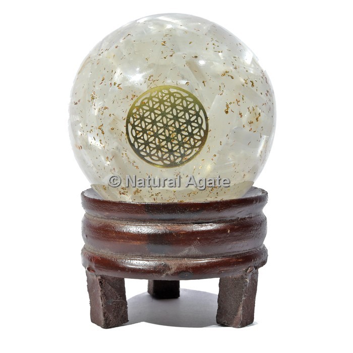 Crystal Quartz Orgone Sphere with Flower Of Life with Stand
