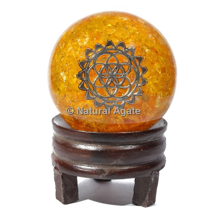 Golden Quartz Orgone Sphere With Engraved Symbol with Stand