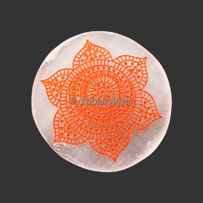 Engraved Sacral Chakra Symbol Selenite Plate / Coaster