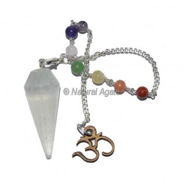 Selenite 12 faceted Pendulums with Chakra Om Chain