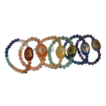 Multi Chakra Symbol Engraved Chakra Set Oval Bracelets