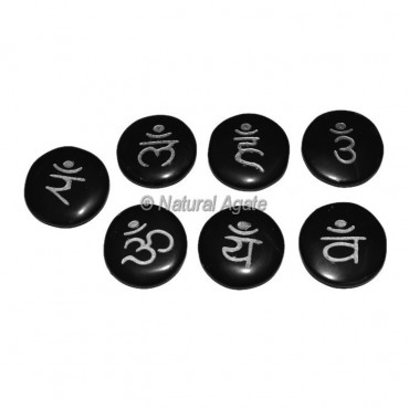 Black Agate Engraved Chakra Sanskrit Silver Set