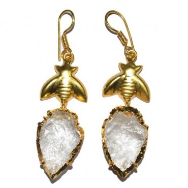 Crystal Quartz Arrowheads With Golden Fly Earrings