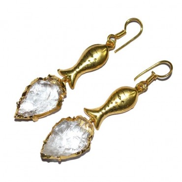 Crystal Quartz Electroplated Arrowheads With Fish Earrings