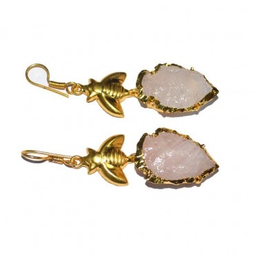 Rose Quartz Electroplated Arrowheads With Fly Earrings