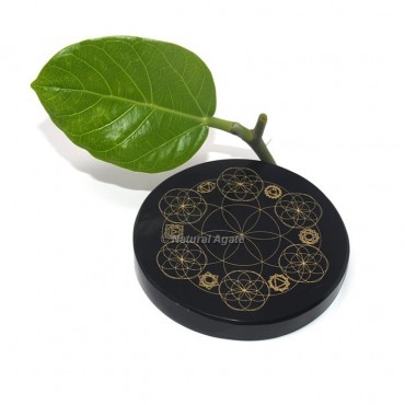 Engraved Seed Of Life with 7 Chakras Black Agate Coaster