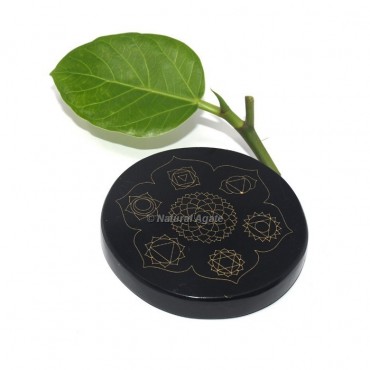 Engraved 7 Chakra Symbols Black Agate Coaster