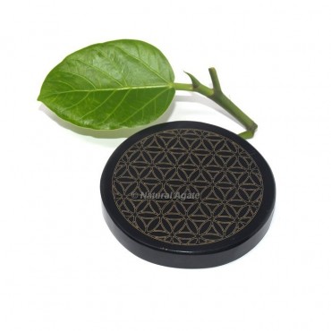 Engraved Flower Of Life Black Agate Coaster