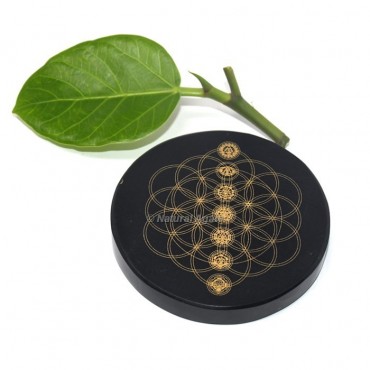 Engraved Seed Of Life with Chakras Black Agate Coaster