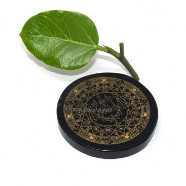 Engraved Balancing Symbols Black Agate Coaster