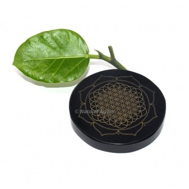 Engraved Shri Yantra Flower Of Life Black Agate Coaster