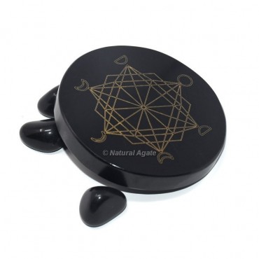 Engraved Shri Yantra Moon Phases Black Agate Coaster
