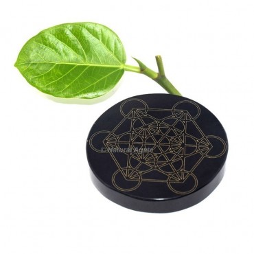 Engraved Metatron Cube Black Agate Coaster