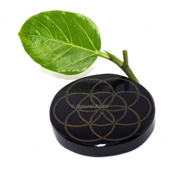 Engraved Seed of Life Sacred Coaster Black Agate