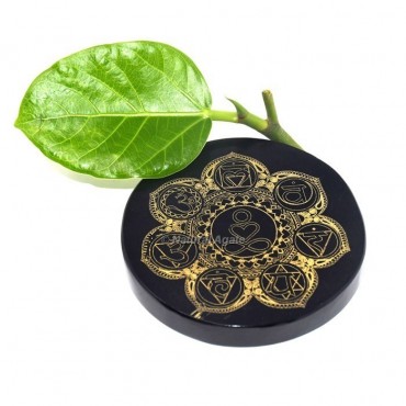 Engraved Sanskrit Symbols Black Agate Coaster