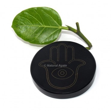 Engraved Hamsa Hand Evil Eye Black Agate Coaster