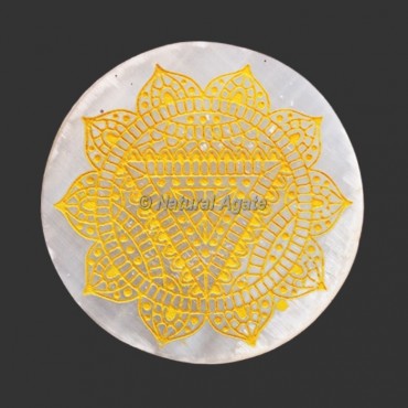Engraved Solar Plexus Chakra Symbol Selenite Plate / Coaster