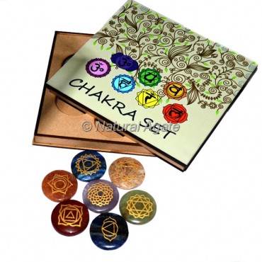 Engraved Chakra Symbols on Disc Set with Wood Gift Box