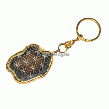 Flower of Life Engraved Agate Slice Keychain