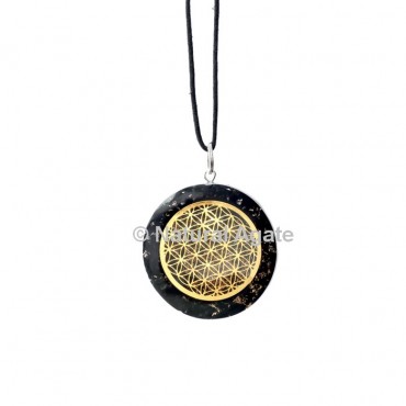 Black Agate Orgone Disc Pendant With Flower Of Life