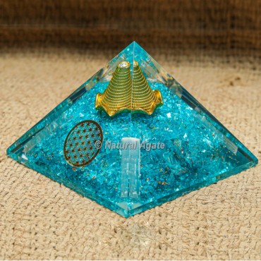 Aqua Orgonite Protection Pyramid with Flower Of Life Coin