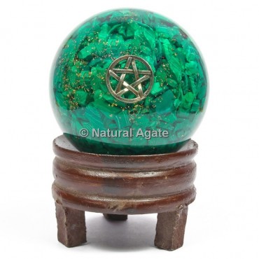 Malachite Orgone Sphere With Pentagram with Stand