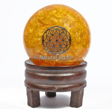 Golden Quartz Orgone Sphere With Flower Of Life with Stand