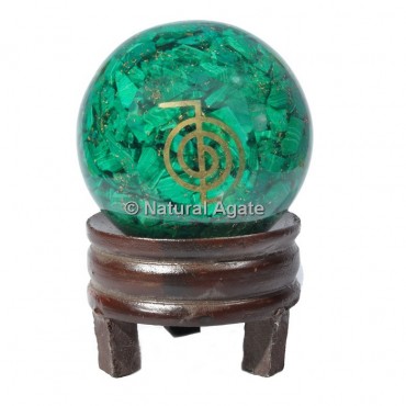 Malachite Orgone Sphere With Choco Reiki with Stand