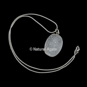 Druzy Agate Oval Shape With Silver Chain Pendant