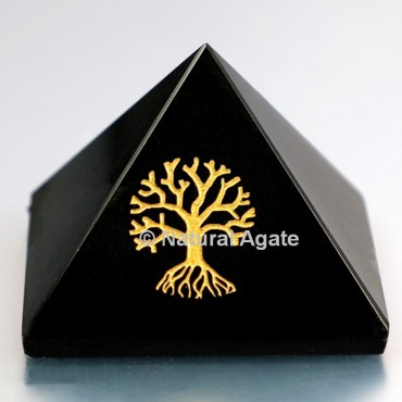Black Agate Pyramid With Engraved Tree Of Life