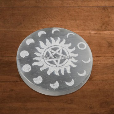 Selenite Charging Plate Engraved Phases Of Moon with Pentagram Star