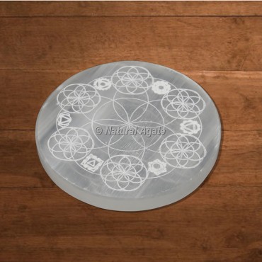 Selenite Charging Plate Engraved Flower Of Life with Chakras