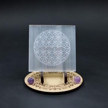 Reiki Healing Engraved Flower of Life Selenite Plate