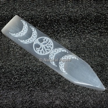 Selenite Triple Moon Tree Of Life Healing Wand