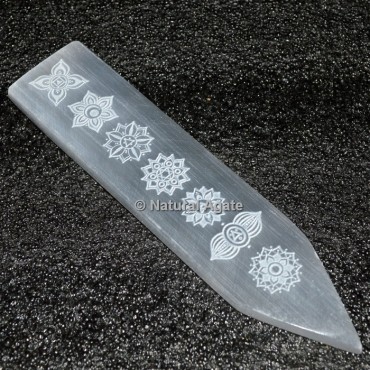 Seven Chakra Symbols Engraved Selenite Wand AA