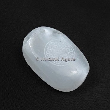 Flower Of Life Engraved Selenite Palm Stone