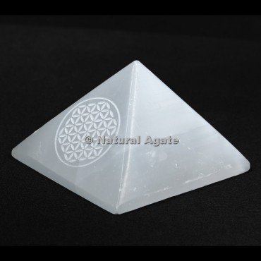 Flower Of Life Engraved Selenite Pyramid