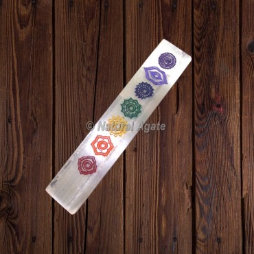 Engraved Seven Chakra Symbols Selenite Wand Plate Stick