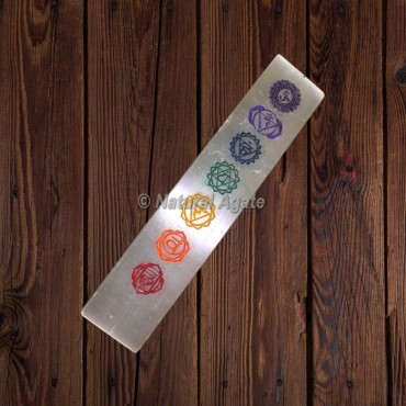 Engraved Seven Chakra Sanskrit Symbols Selenite Wand Plate Stick