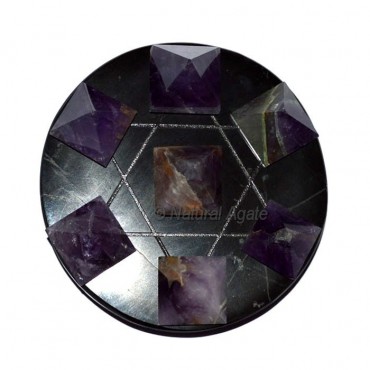 7 Amethyst Pyramids with Black Agate Base